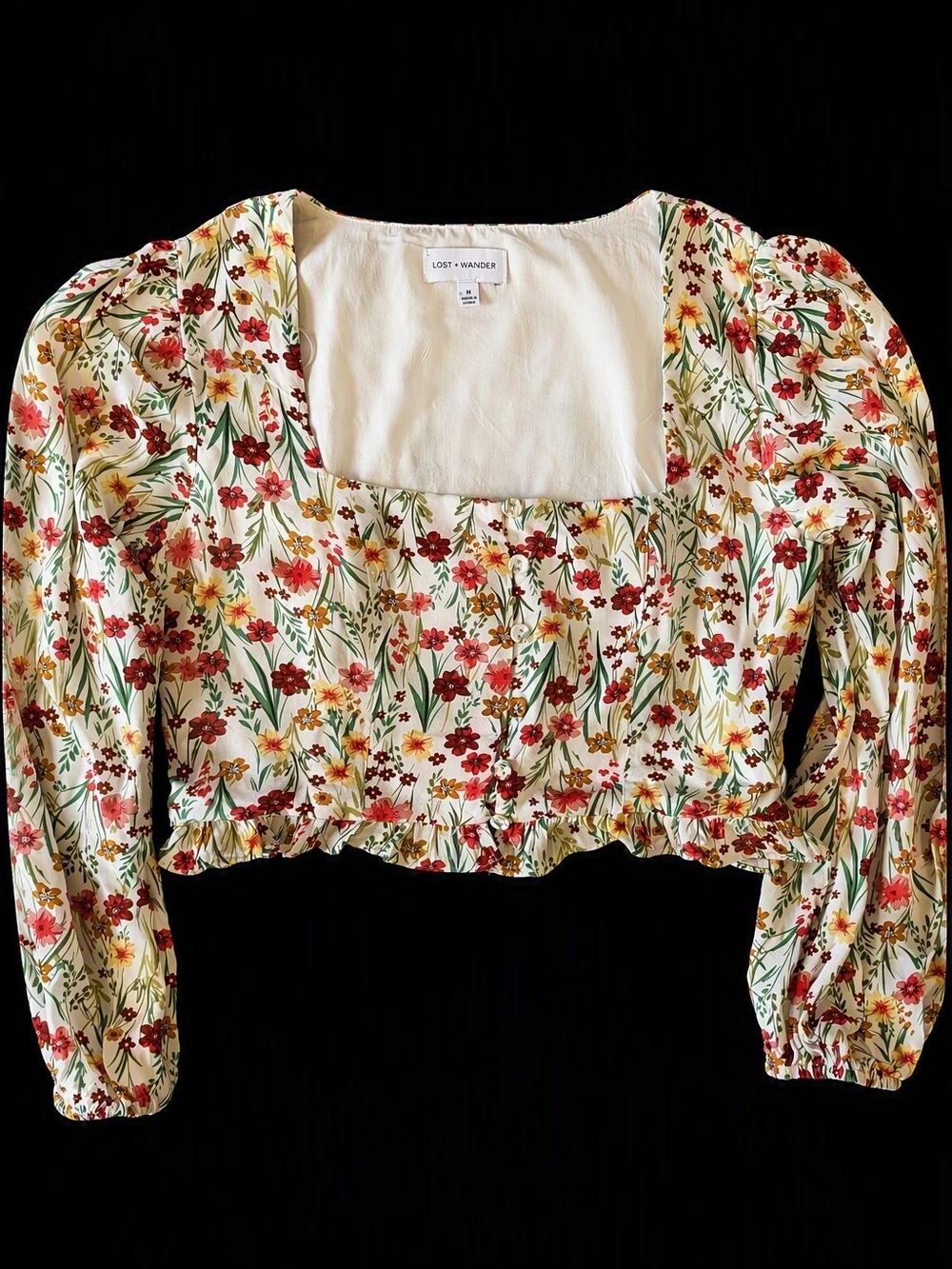 Lost + Wander Cotton White Floral Square-Neck Puff Sleeve Crop Top